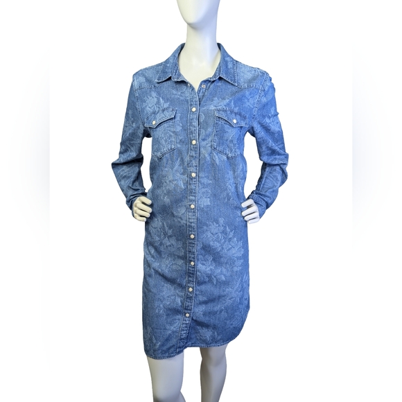 GAP Western Pearl Snap Denim Dress | Bleached Floral Wash | 100% Cotton | Size M - Picture 6 of 8